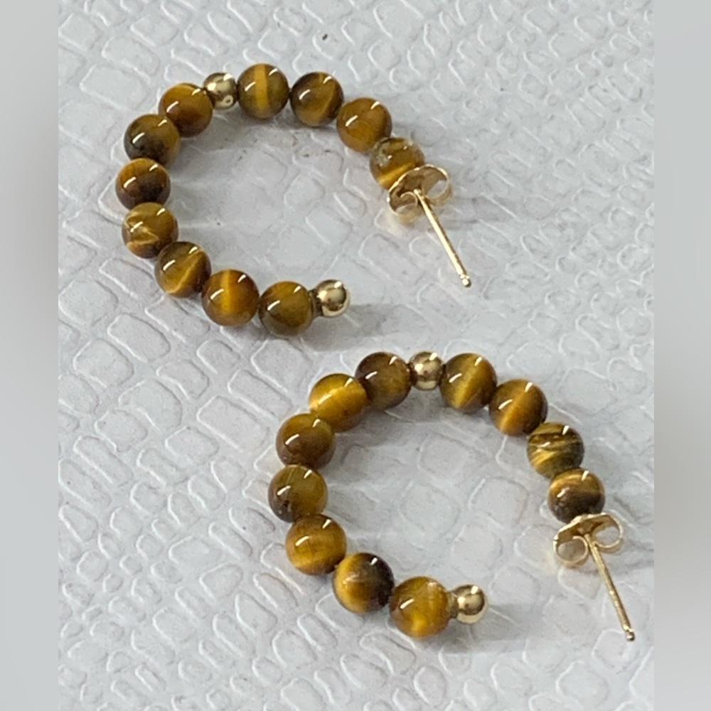 VINTAGE 14K REAL YELLOW GOLD TIGER EYE BEADED HOOP EARRINGS